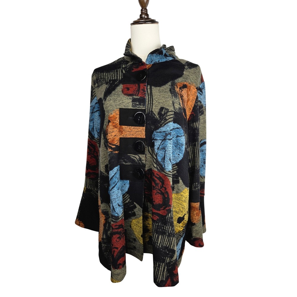 Ali Miles Button Front Jacket Medium Multicolor Abstract Art to Wear Lagenlook
